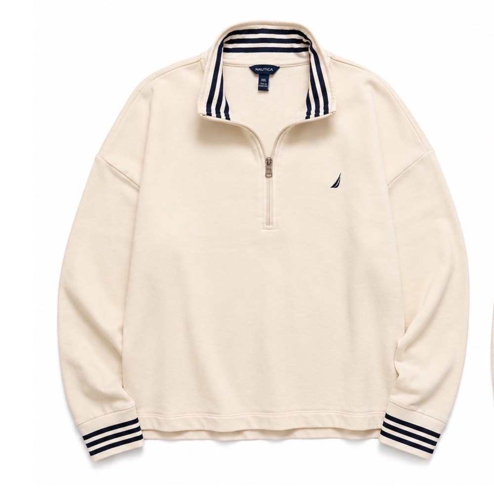 Nautica Mens XXL Cream Ivory Quarter Zip Pullover Striped Nautical Sweater Logo